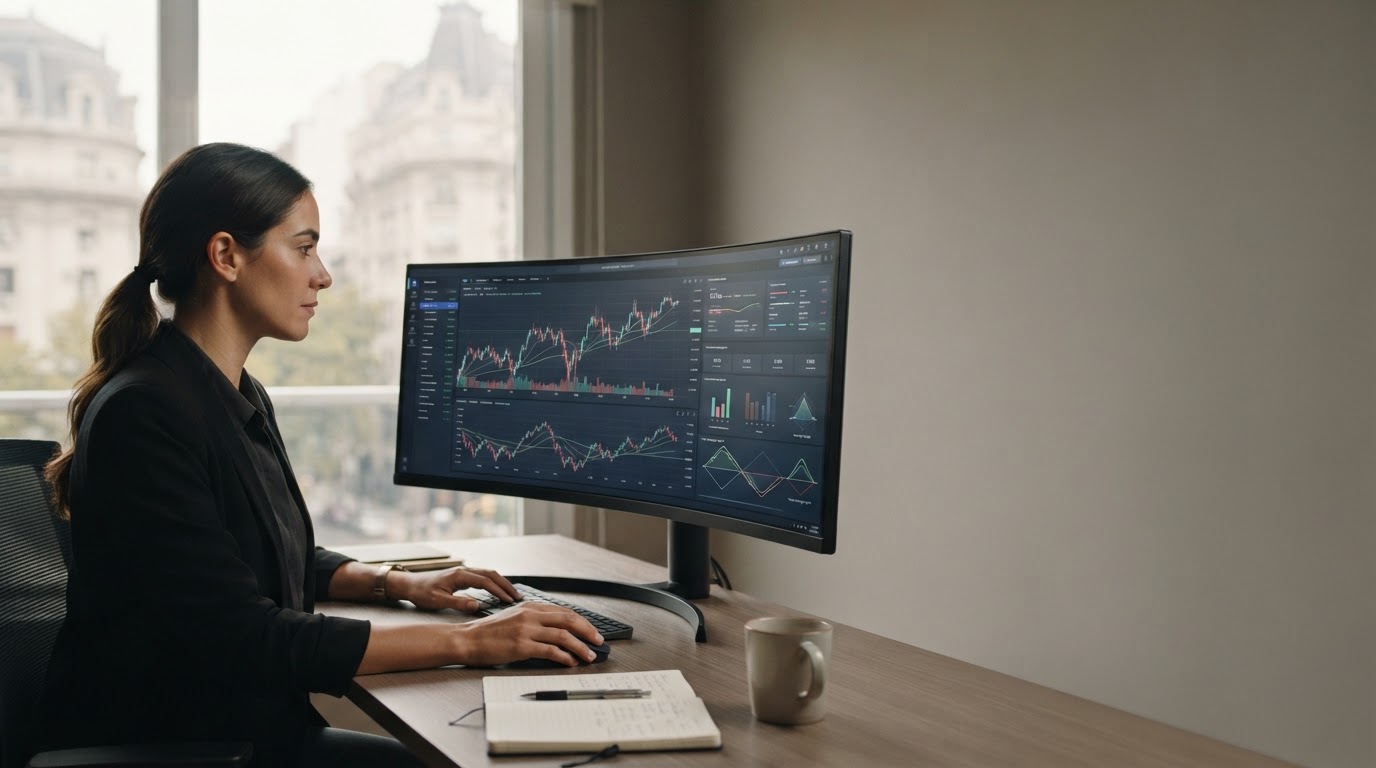 Žena analizira finansijske grafikone na velikom zakrivljenom monitoru